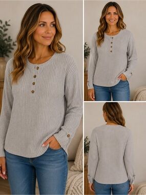 Ladies’ Ribbed Henley Sweater - Light Gray